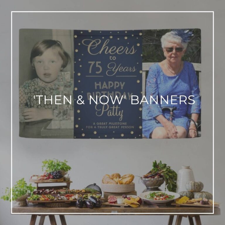 Cheers to 75 Years custom 'Then & Now' photo birthday banner decorations hung above party food table