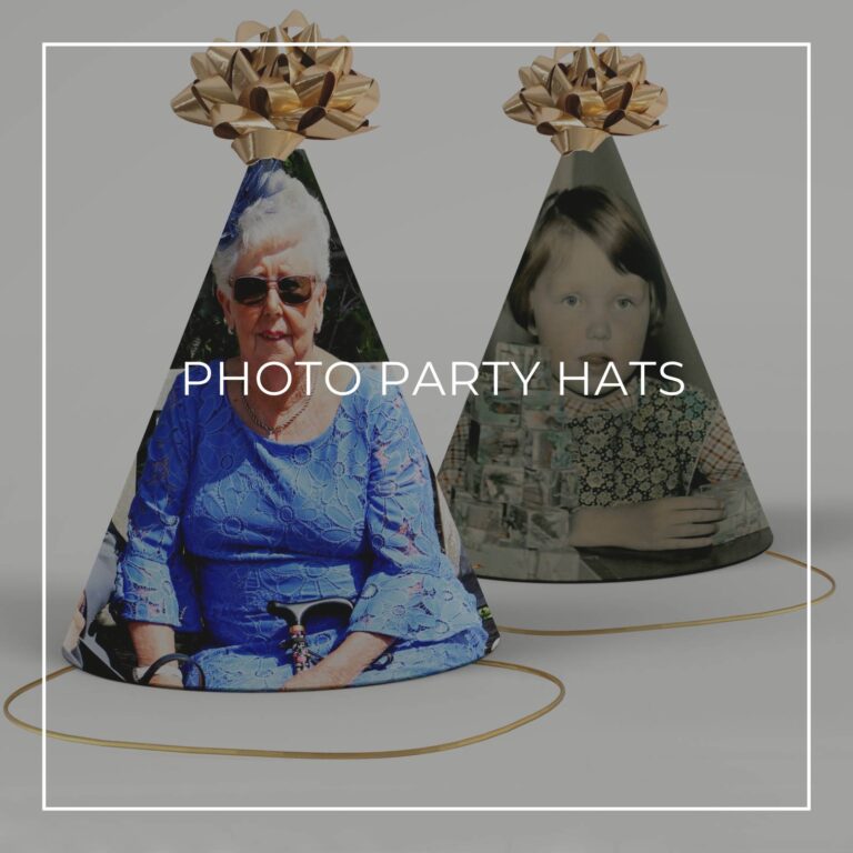 color photo party hats showing the 75th birthday girl now and as a girl