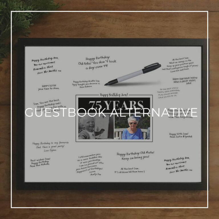75th birthday party custom 'then & now' photo framed signing poster guestbook alternative