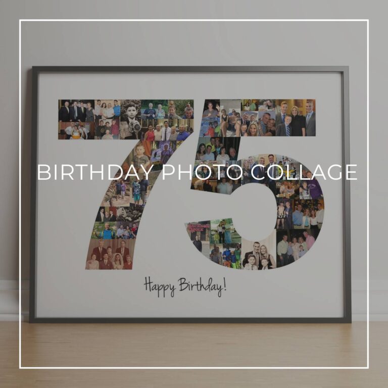 framed Happy 75th Birthday photo collage with the numbers 75 made up of 'through the years' style photos of the birthday boy at different ages
