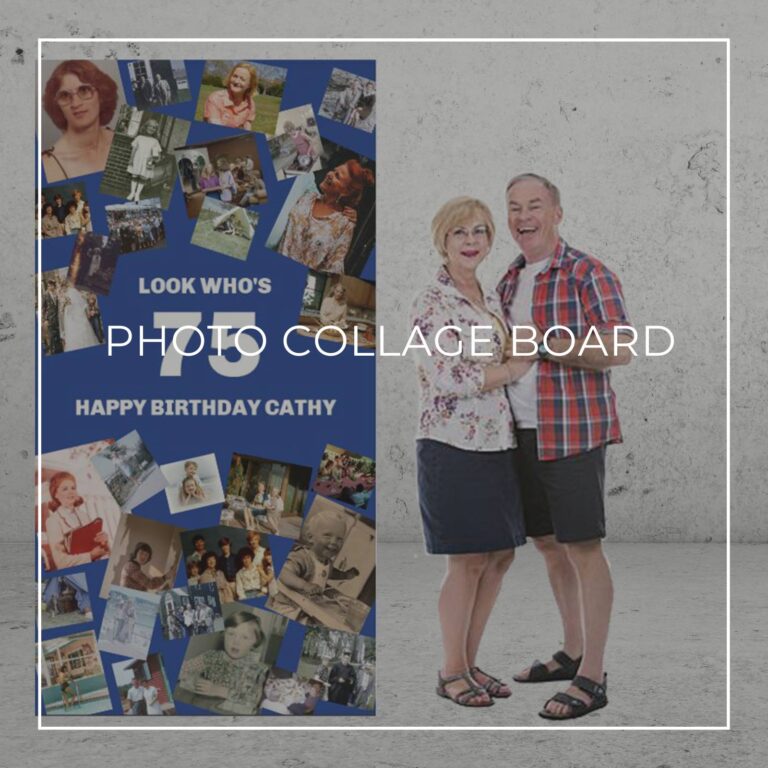 Look who's 75 freestanding 75th birthday photo collage board decoration showing photos of the birthday girl through the years
