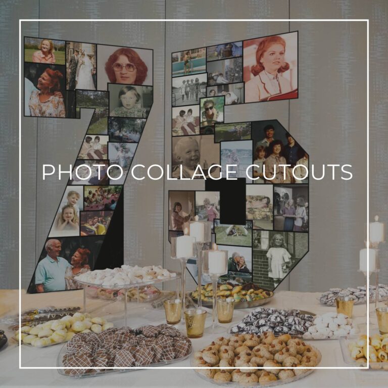 number 75 'through the years' photo collage cutout decorations standing on a party dessert table showing photos of the 75th birthday girl