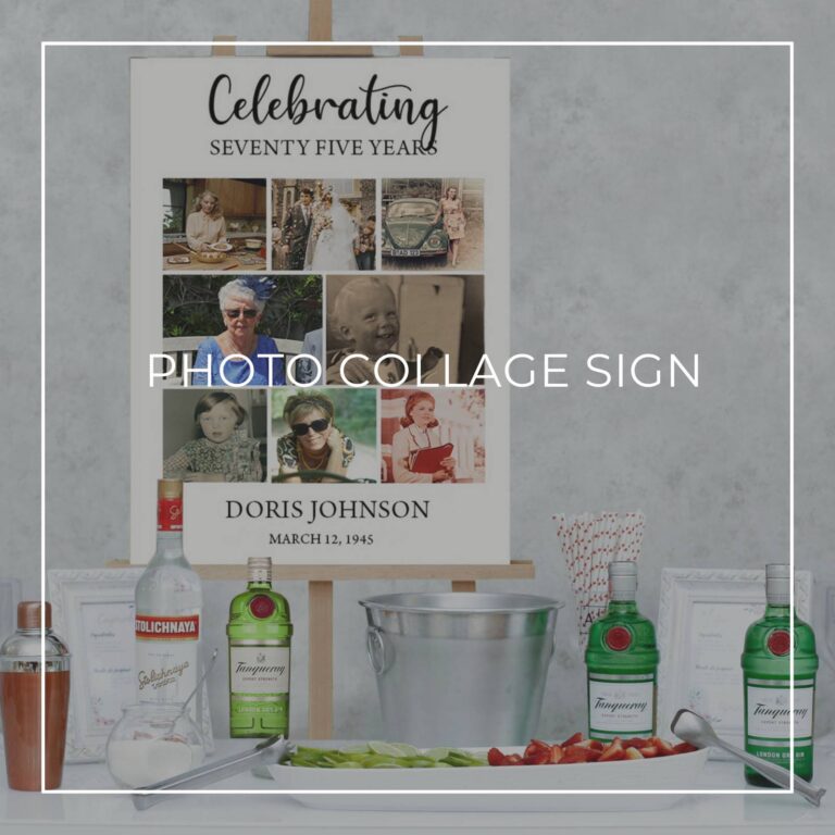 celebrating 75 years birthday photo collage sign set up on a party drinks table bar