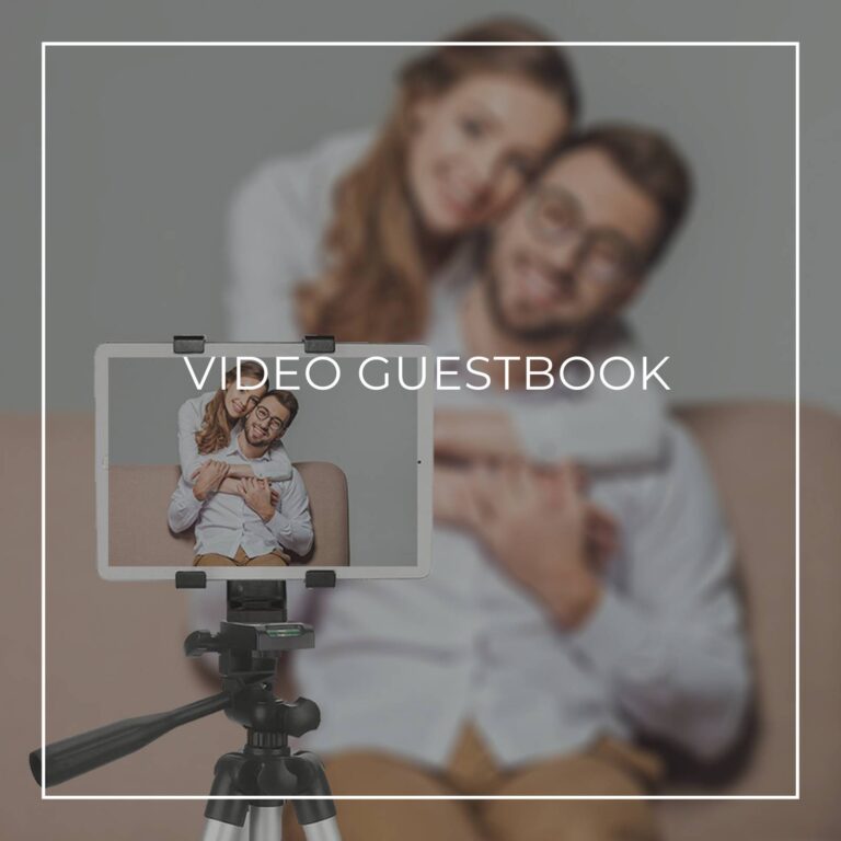 couple recording a video message on a tablet on a tripod for a 75th birthday party