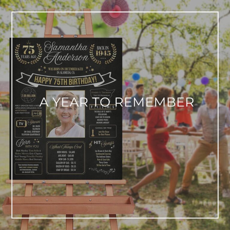 75th birthday facts and trivia sign about year you were born displayed on an easel at a party