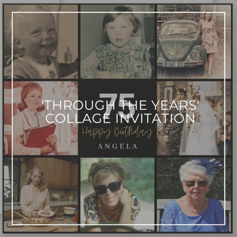 75th birthday party photo collage invitation showing the birthday girl 'through the years'