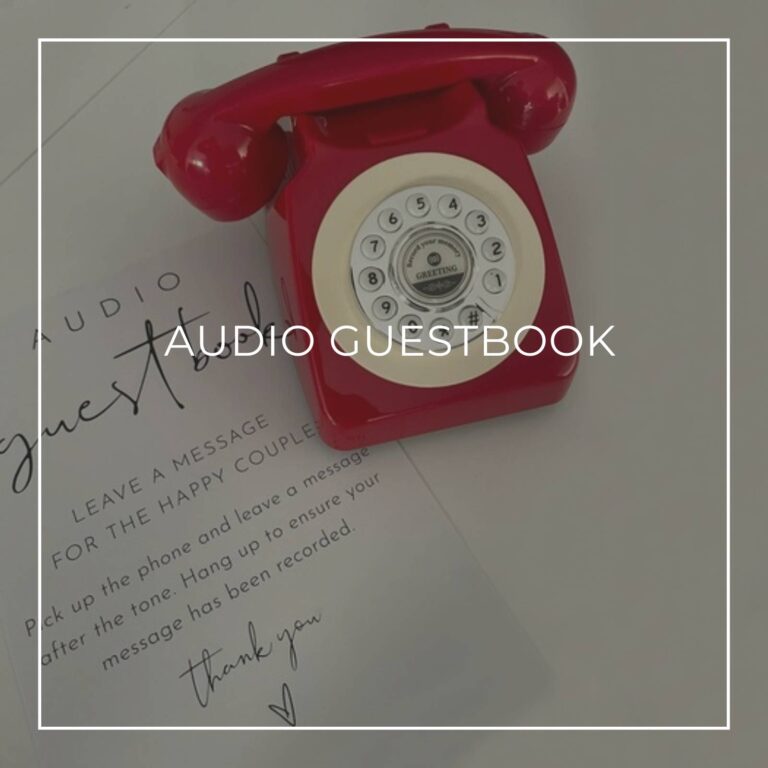 80th birthday party red telephone audio guest book next to a printable instructions sign inviting party guests to leave a message