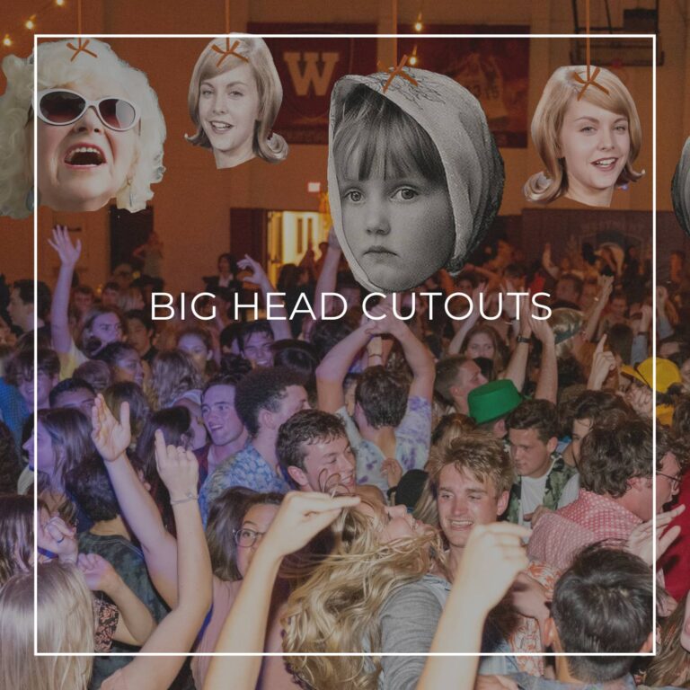 giant custom face cutouts showing the 80th birthday girl at different ages used as hanging decorations above a crowd of dancing party guests