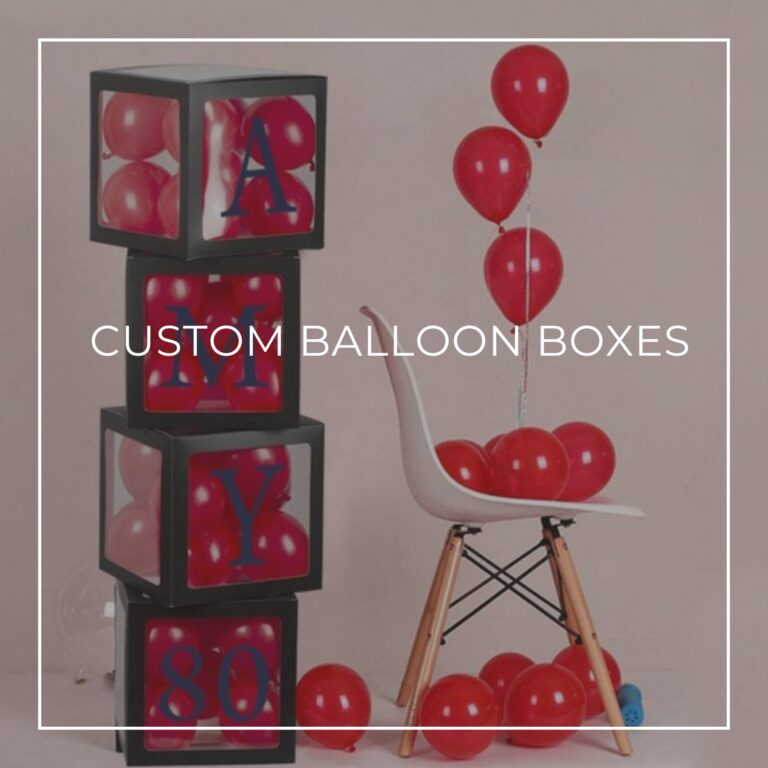 a stack of 4 custom balloon boxes spelling 'Amy is 80' filled with red balloons