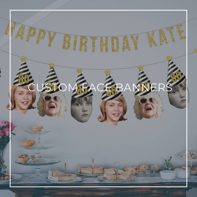 80th birthday custom face photo banners showing birthday girl at different ages hung above party dessert table