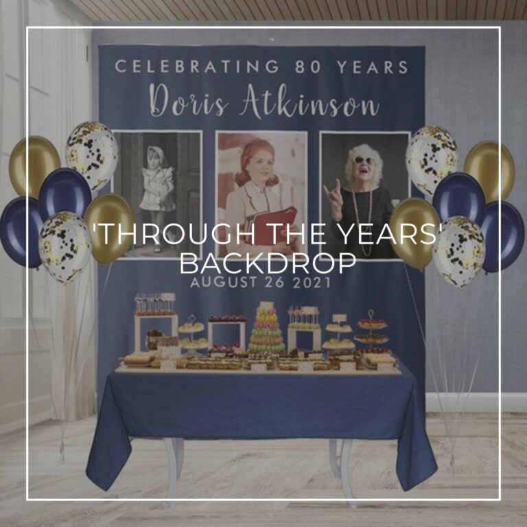 Celebrating 80 Years custom photo birthday backdrop behind a party dessert table