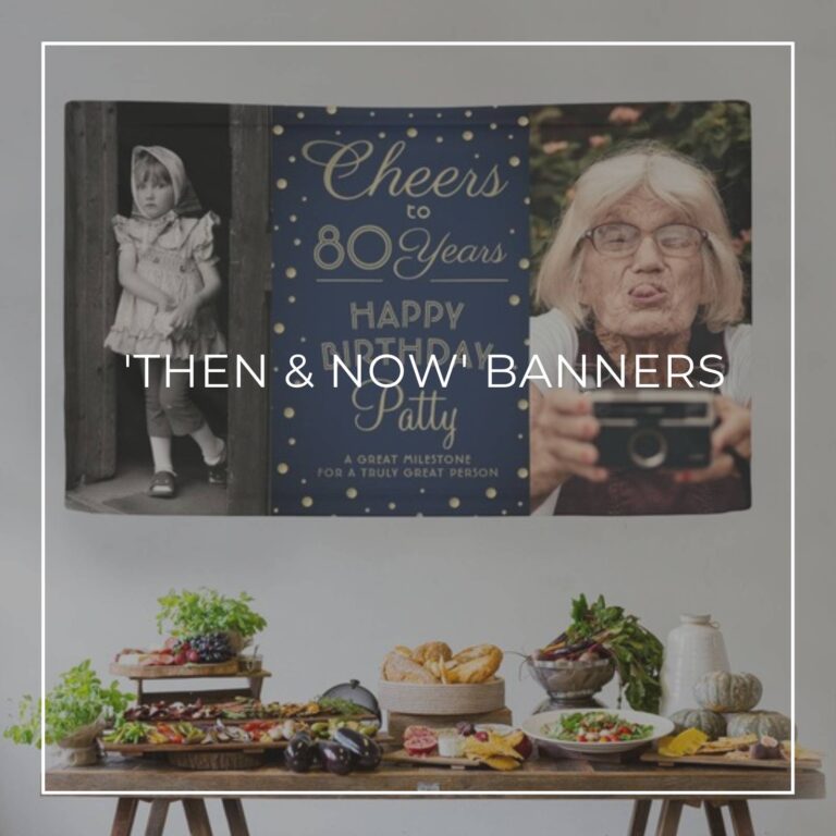 Cheers to 80 Years custom 'Then & Now' photo birthday banner decorations hung above party food table
