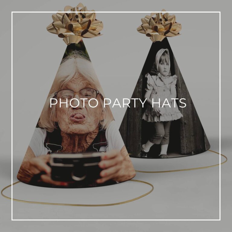 color and black & white photo party hats showing the 80th birthday girl now and as a girl