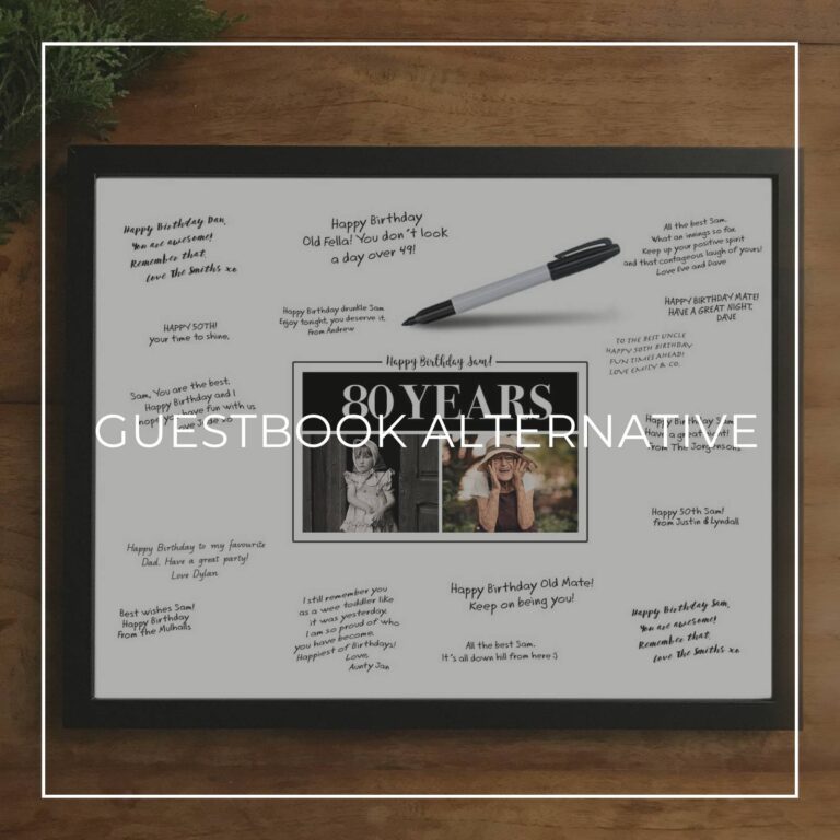 80th birthday party custom 'then & now' photo framed signing poster guestbook alternative