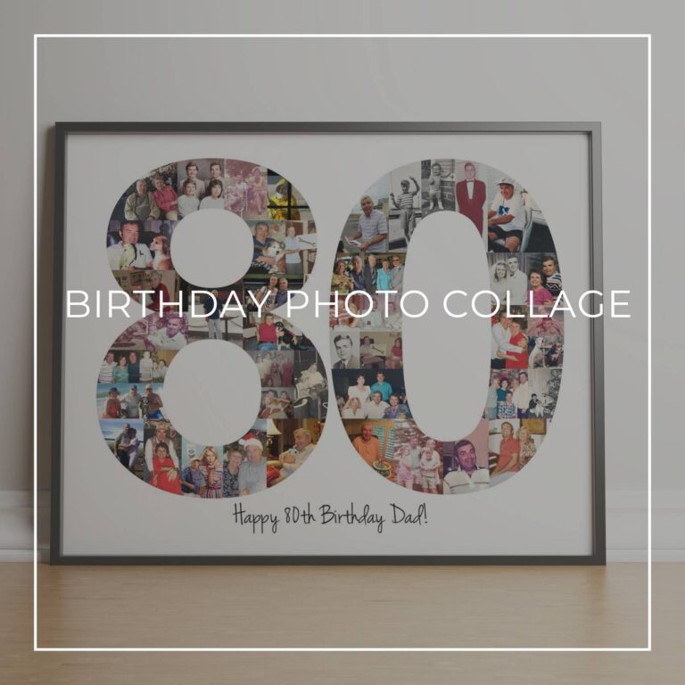 framed Happy 80th Birthday photo collage with the numbers 80 made up of 'through the years' style photos of the birthday girl at different ages