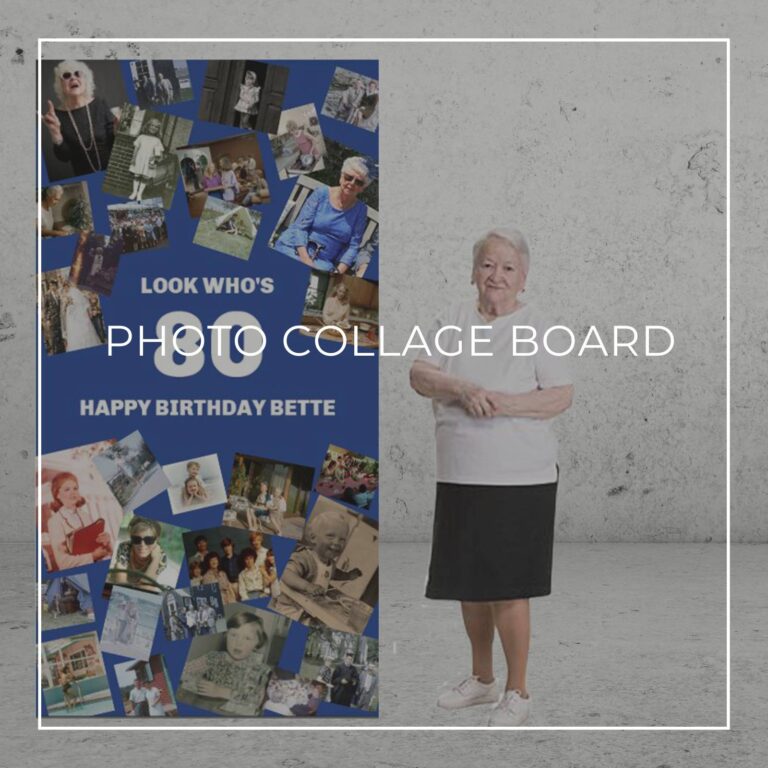 Look who's 80 freestanding 80th birthday photo collage board decoration showing photos of the birthday girl through the years
