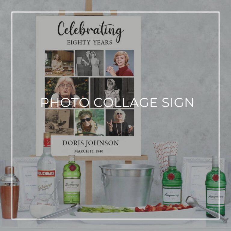 celebrating 80 years birthday photo collage sign set up on a party drinks table bar