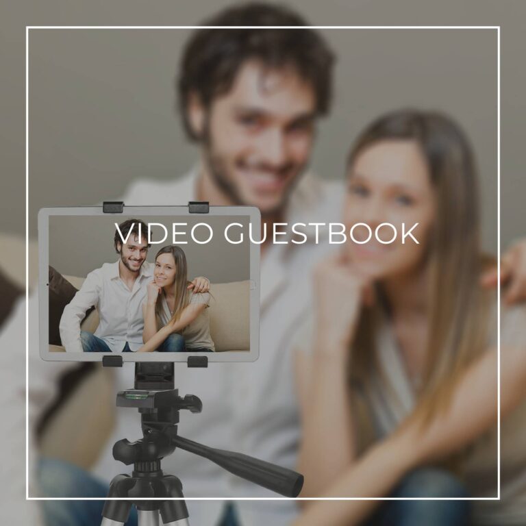 couple recording a video message on a tablet on a tripod for a 80th birthday party