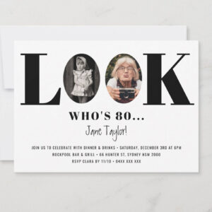 Look Who's 80 80th birthday invitation card with two photo cutouts, shown with envelope
