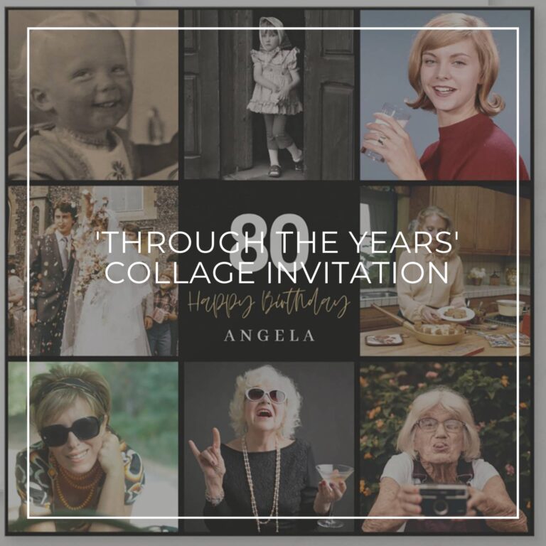 80th birthday party photo collage invitation showing the birthday girl 'through the years'