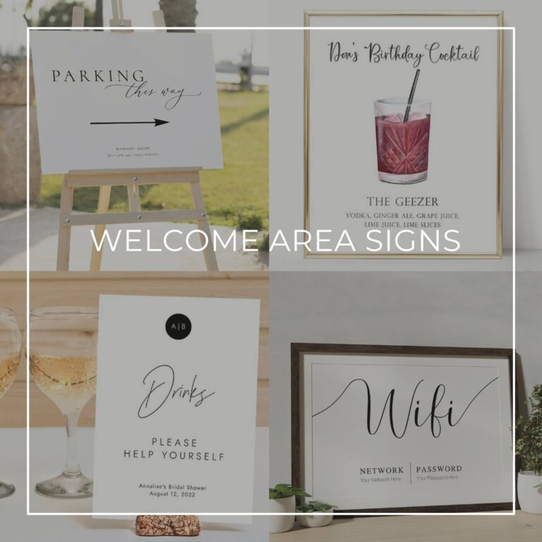 collage of 80th birthday party welcome area signs for parking, wifi, guest book, cards & gifts, signature cocktail, and please help yourself to drinks