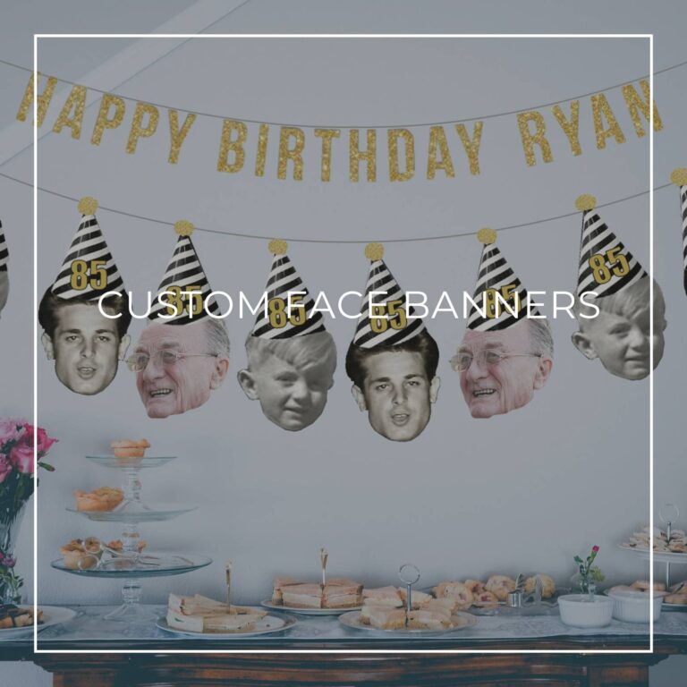 85th birthday custom face photo banners showing birthday boy at different ages hung above party dessert table