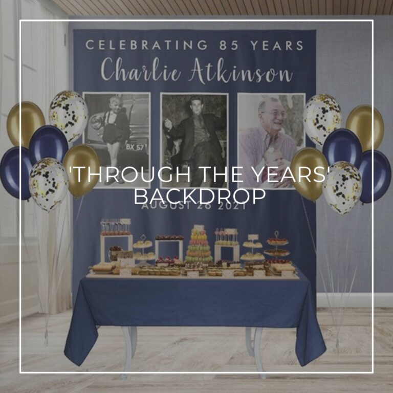 Celebrating 85 Years custom photo birthday backdrop behind a party dessert table