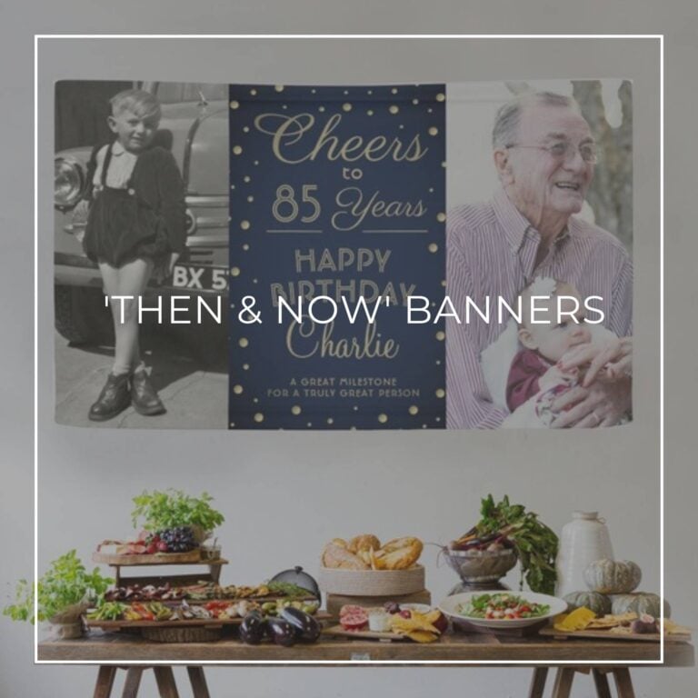 Cheers to 85 Years custom 'Then & Now' photo birthday banner decorations hung above party food table
