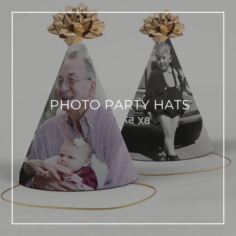 color and black & white photo party hats showing the 85th birthday boy now and as a boy