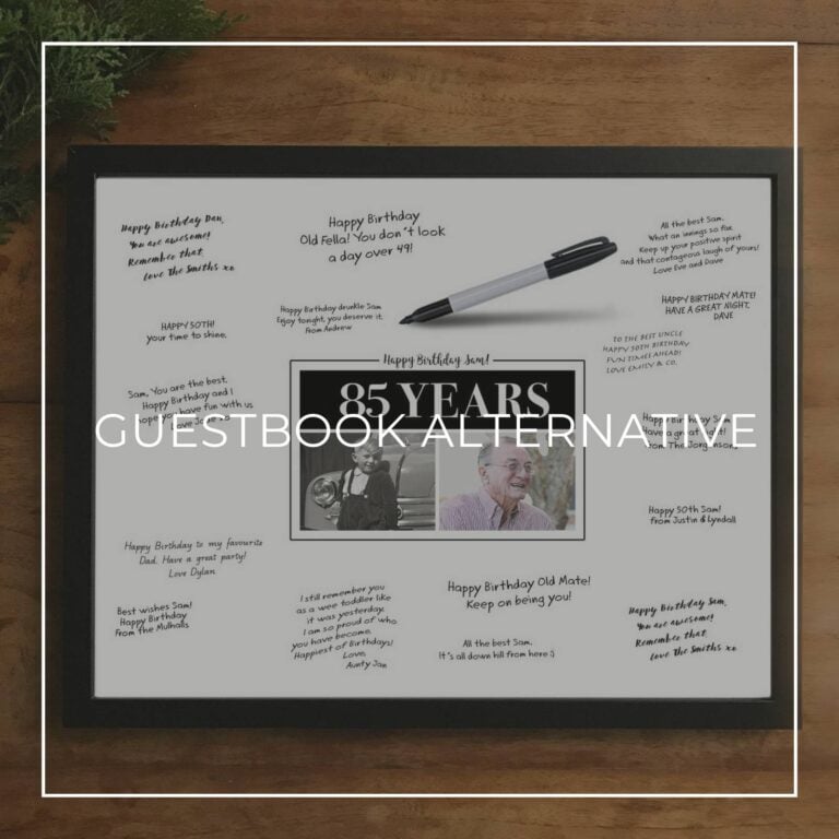 85th birthday party custom 'then & now' photo framed signing poster guestbook alternative