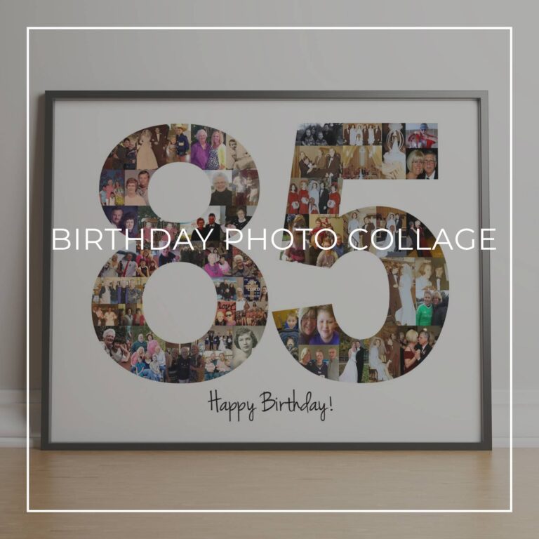 framed Happy 85th Birthday photo collage with the numbers 85 made up of 'through the years' style photos of the birthday girl at different ages