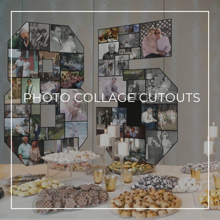 number 85 'through the years' photo collage cutout decorations standing on a party dessert table showing photos of the 85th birthday boy