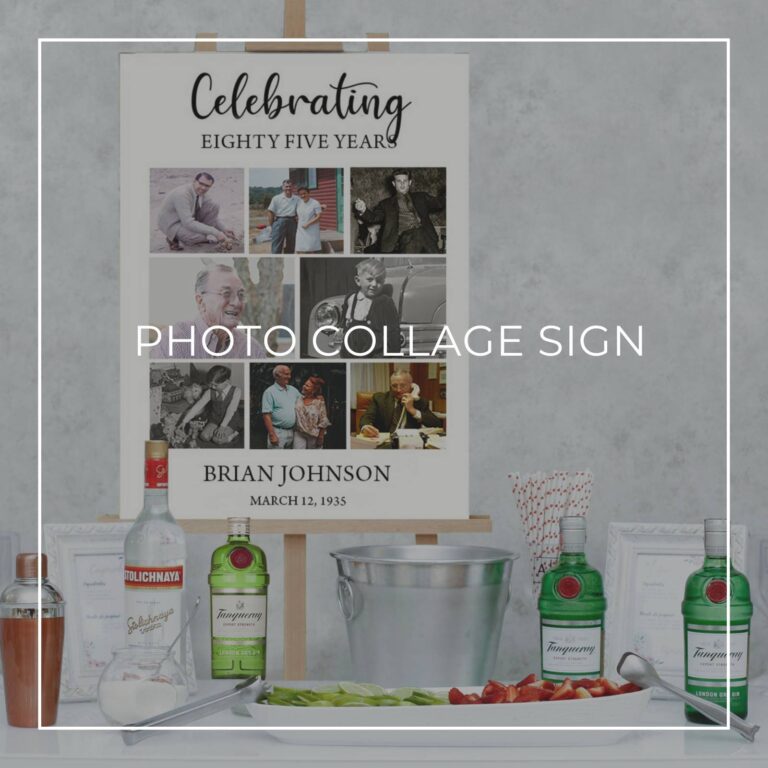 celebrating 85 years birthday photo collage sign set up on a party drinks table bar