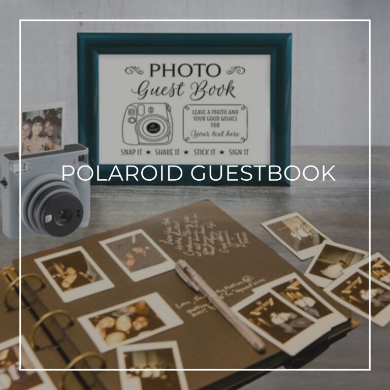 Polaroid guestbook, instant camera, and instructions sign set up for a 85th birthday party