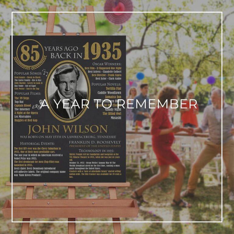 85th birthday facts and trivia sign about year you were born displayed on an easel at a party
