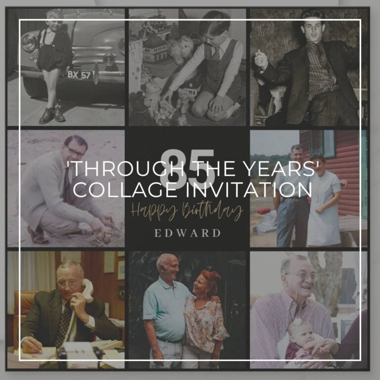 85th birthday party photo collage invitation showing the birthday boy 'through the years'