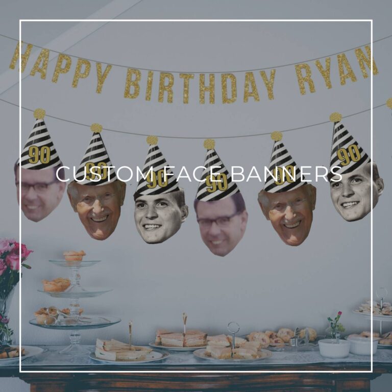 90th birthday custom face photo banners showing birthday boy at different ages hung above party dessert table