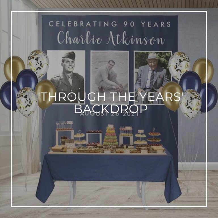 Celebrating 90 Years custom photo birthday backdrop behind a party dessert table