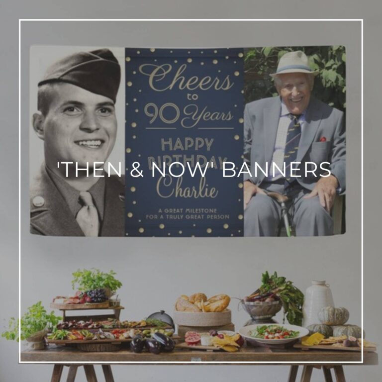 Cheers to 90 Years custom 'Then & Now' photo birthday banner decorations hung above party food table