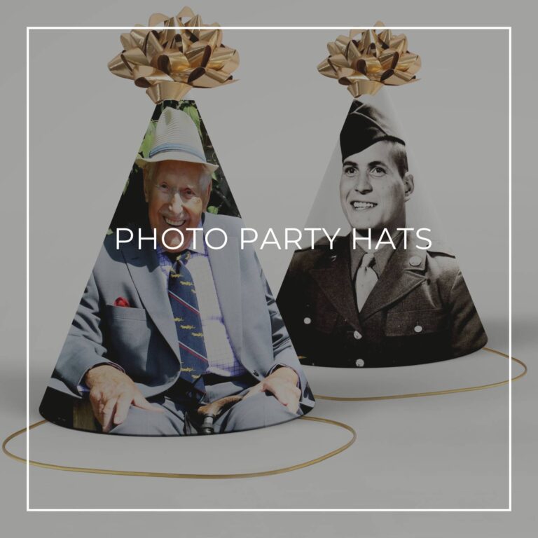 color and black & white photo party hats showing the 90th birthday boy now and as a young man