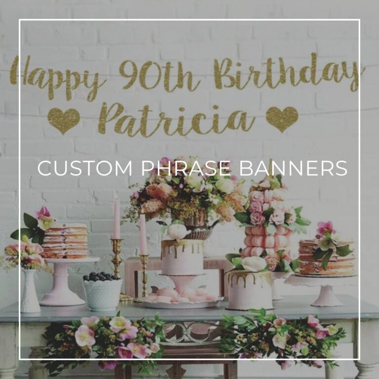 happy 90th birthday Patricia custom phrase 90th birthday banner hanging above party table