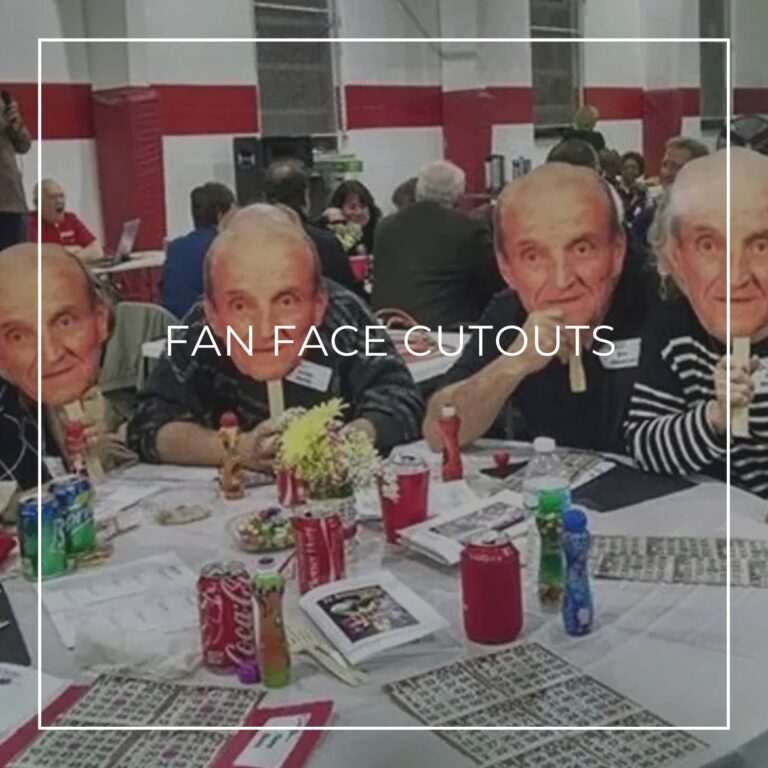 group of men holding custom fan faces of the 90th birthday boy in front of their own faces
