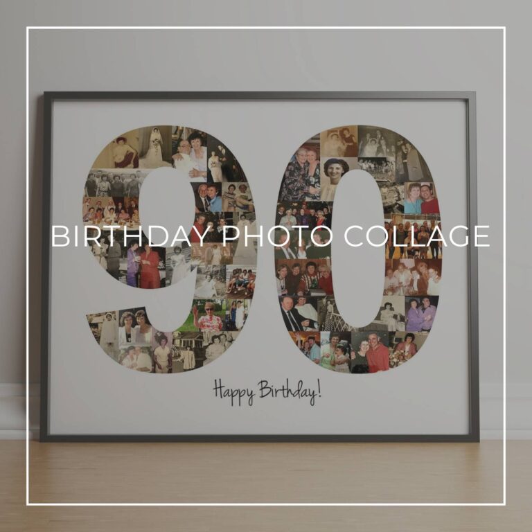 framed Happy 90th Birthday photo collage with the numbers 90 made up of 'through the years' style photos of the birthday girl at different ages