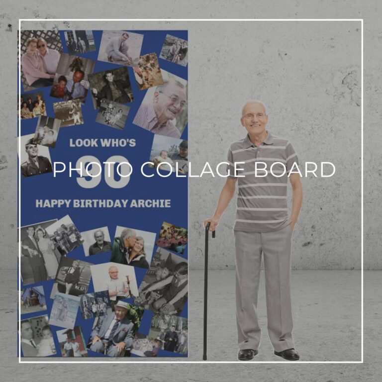 Look who's 90 freestanding 90th birthday photo collage board decoration showing photos of the birthday boy through the years