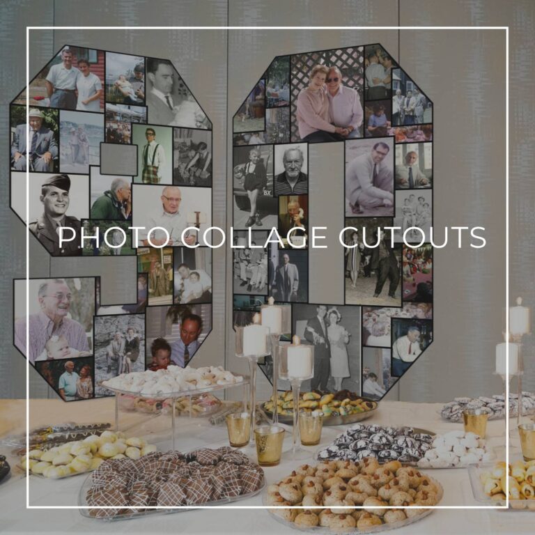number 90 'through the years' photo collage cutout decorations standing on a party dessert table showing photos of the 90th birthday boy