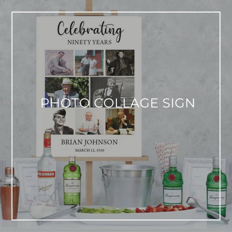 celebrating 90 years birthday photo collage sign set up on a party drinks table bar