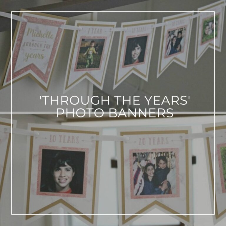 90th birthday photo garland banners showing the birthday girl 'through the years'