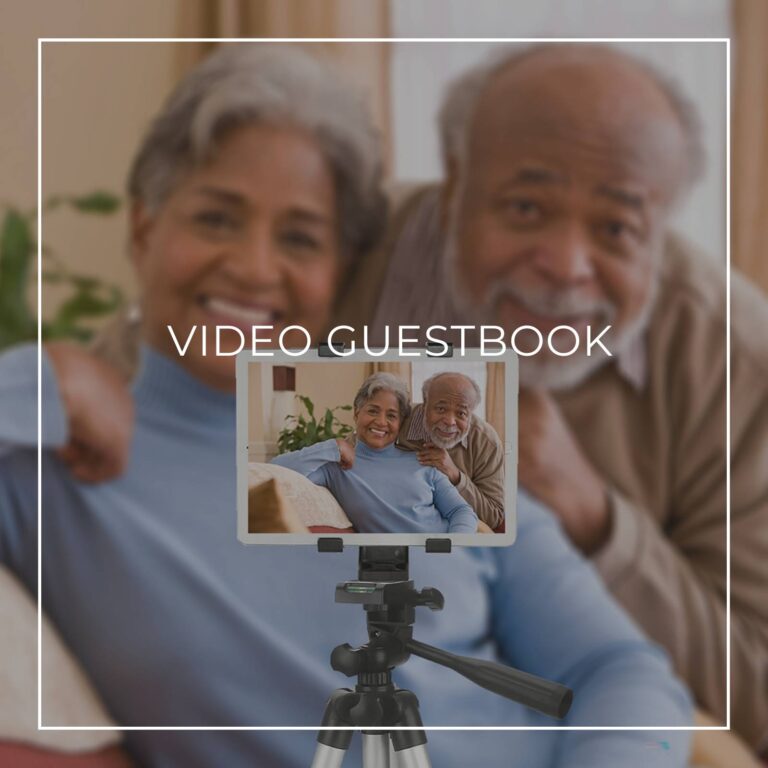 couple recording a video message on a tablet on a tripod for a 90th birthday party