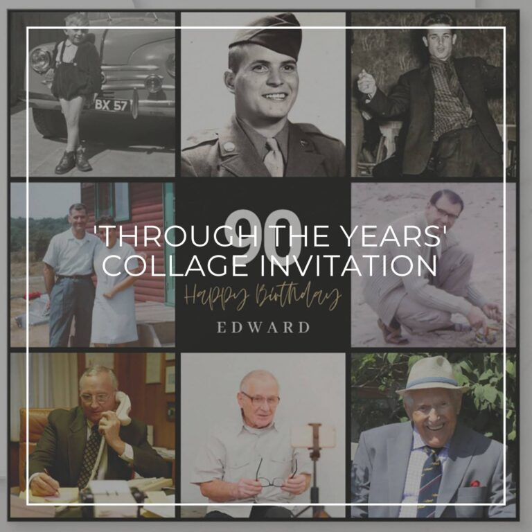 90th birthday party photo collage invitation showing the birthday boy 'through the years'