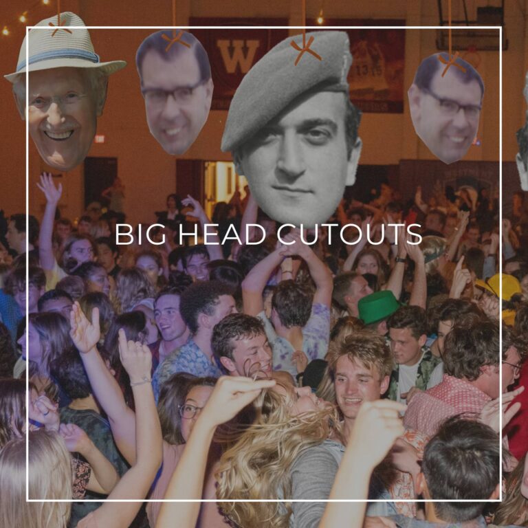 giant custom face cutouts showing the 95th birthday boy at different ages used as hanging decorations above a crowd of dancing party guests